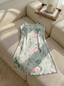 Resyla Summer Floral Printed Cami Sleep Dress Pajama Dress - Green - View 3