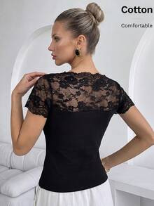 Lavishia Áo thun nữ thoải mái, phối ren, trễ vai, kiểu dáng thanh lịch, thích hợp cho mùa hè. - màu đen - Xem 2
