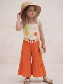 Emery Rose Kids Emery Rose Kids 2件套女童针织纯色3D立体花朵流苏边吊带背心和宽松裤子套装 - 橘色 - 查看 2