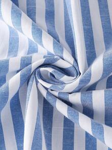 SHEIN Holidaya Women's Cotton & Linen Blue And White Stripe Midi Dress,Elegant Summer Holiday Tea Party Sleeveless A-Line Patchwork Waist Hollow Lace Decor Dress - Blue - View 8