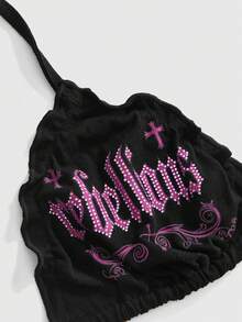 ROMWE Y2k Sexy Gothic Cross Print Rhinestone Halter Bikini Top - Hot Pink - View 4