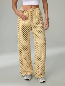 SHEIN Tall Quần dài màu nâu, quần mùa đông, quần Giáng sinh, quần năm mới, quần dệt chấm bi nâu, quần ống rộng thắt eo dành cho nữ, quần chấm bi nâu, quần chấm bi nâu, quần mùa thu, quần áo mùa thu cho nữ, quần áo mùa đông cho nữ - Vàng nhạt - Xem 4