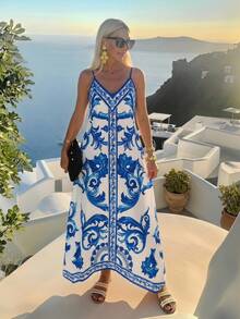 Vivid Eden Women's Minimalist Print Spaghetti Strap Dress - Blue and White - View 3