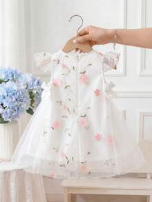 SHEIN Baby Girl Floral Mesh Bow Decor Princess Style Dress, Suitable For Birthday Party, Evening Event, Everyday Wear, Vacation, Spring/Summer - White - View 2