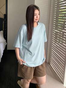 Dazy Plus 2pcs Casual Lounge Wear Set, Loose Short Sleeve Top And Elastic Waist Shorts, Spring/Summer Plus Size Women Pajamas - Baby Blue - View 3