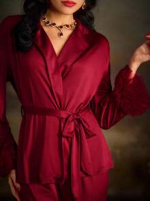 PinupPomp Fuzzy Trim Belted Satin PJ Set - Burgundy - View 4