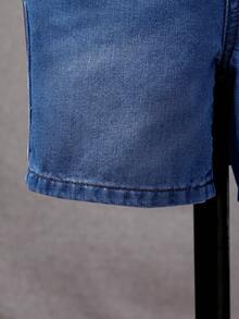SHEIN Young Boy Elastic Waist Denim Shorts, Casual Washed Jeans - Medium Wash - View 5