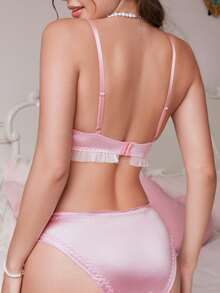 SHEIN Women's Sweet & Sexy Bow Decor Lace Patchwork Bra And Panty Set - Pink - View 3
