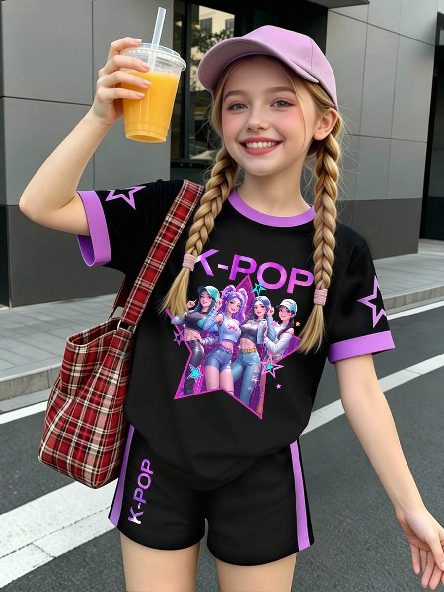 青少年女孩黑色夏季牛仔休閒可愛圖案虛擬女團五角星字母印花短版T恤與短褲套裝,舒適穿搭 - 彩色 - 查看 1