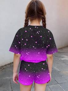 返校季卡通女孩运动风紫黑撞色，韩流巨星，休闲舒适，春日气息，梦幻星空少女休闲简约短袖短裤两件套，适合夏季穿着 - 彩色 - 查看 2