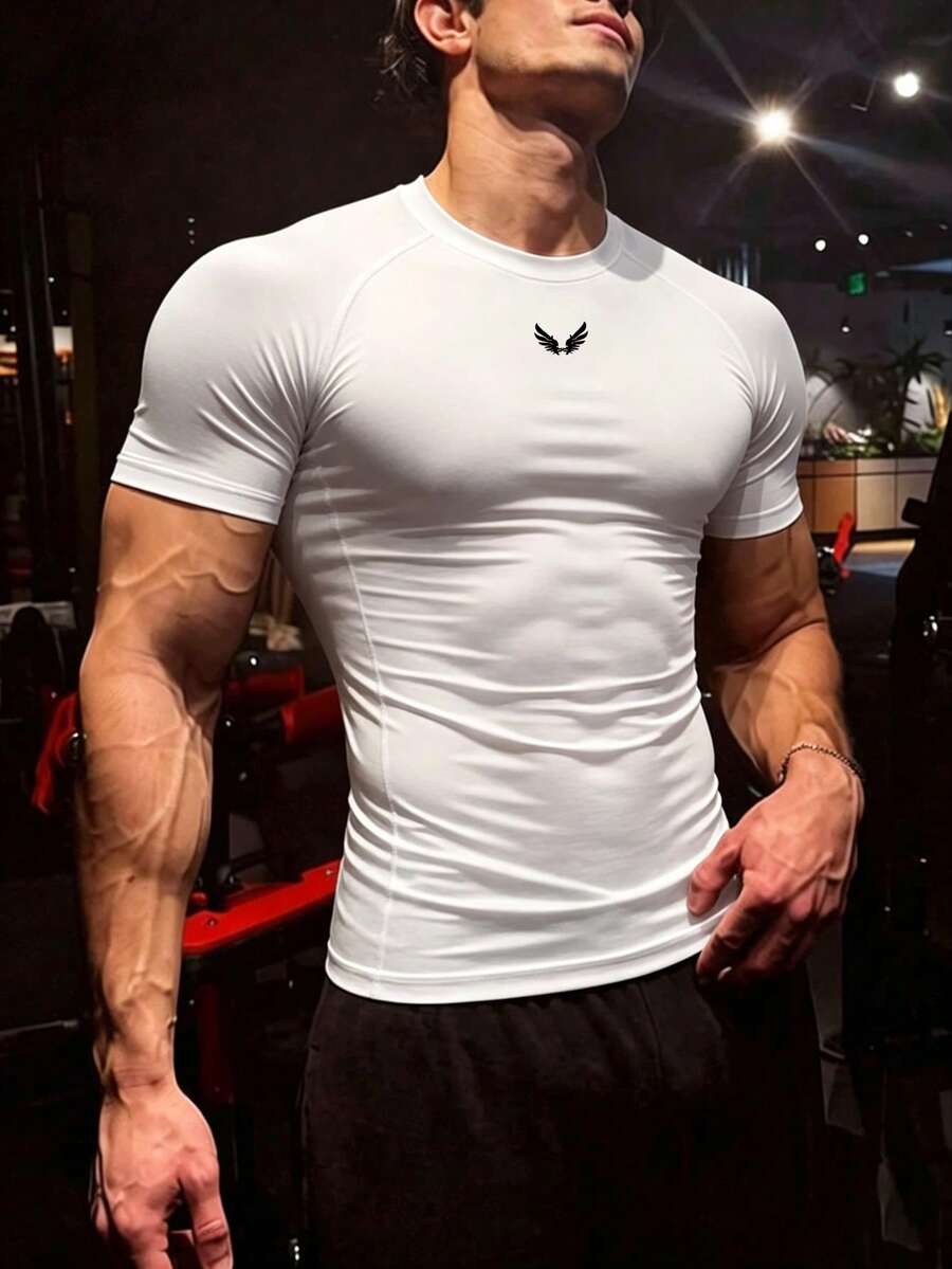 GymBeat 男士圓領翅膀印花休閒百搭日常穿搭與運動短袖T恤,健身、度假 - 白色 - 查看 1