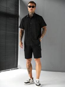 SLATEMANN 男士单排扣休闲百搭日常短袖衬衫 - 黑色 - 查看 6