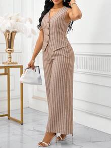 SHEIN Lady 女士夏季休闲通勤条纹背心和裤子两件套 - 摩卡棕 - 查看 3