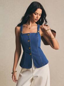 Poéselle Áo sơ mi denim nữ không tay cài cúc phía trước, kiểu dáng thường ngày, thích hợp cho mùa hè. - Màu xanh lam - Xem 16