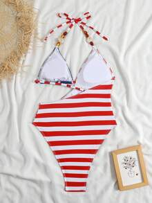 Swim SXY Shiny Fabric Contrast Color Beaded One-Piece Swimsuit - Multicolor - View 6