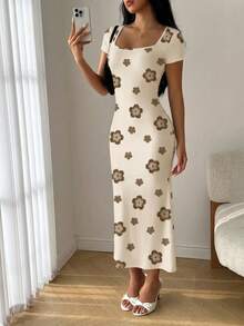 Modelyn Summer Square Neck Mermaid Ruffle Hem Bodycon Dress Vacation Off-White Elegant Cute Picnic - Multicolor - View 3