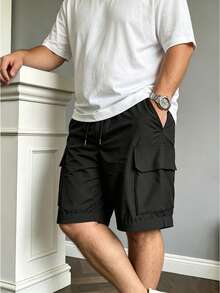 Manfinity Dauomo Plus Size Men's Summer Solid Color Flap Pocket Drawstring Waist Cargo Shorts Vacation Beach Going Out Vacation Black Casual Street Basic Streetwear - Black - View 3