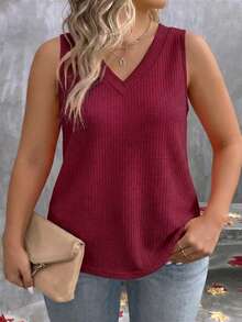 EMERY ROSE Women's V-Neck Casual Versatile Plus Size Tank Top, Spring/Summer - Burgundy - View 3