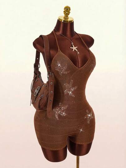 Amplova New Arrival Brown Star Accent Women's Jumpsuit, Vacation Style