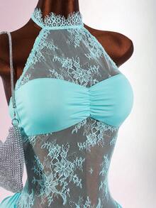 Amplova Đầm ngắn ren cổ yếm hở lưng gợi cảm với chi tiết áo corset, dễ thương và quyến rũ, thích hợp cho tiệc năm mới hoặc hẹn hò. - Màu xanh lam - Xem 13
