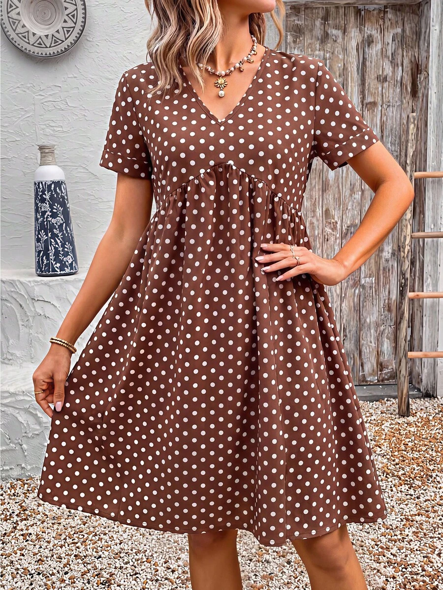 EMERY ROSE Đầm nữ cổ chữ V tay ngắn in chấm bi, kiểu dáng vintage thường ngày, thích hợp cho kỳ nghỉ hè. - màu nâu - Xem 1