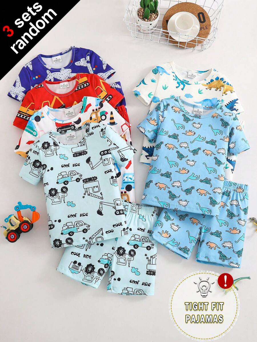 SHEIN GraphicGems 【3套】儿童可爱卡通印花短袖短裤针织贴身睡衣套装 - 彩色 - 查看 1