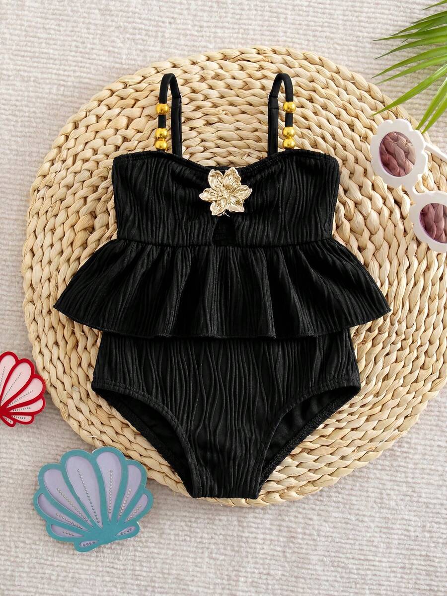 SHEIN 女婴连体泳衣,可爱涤纶泳装,适合夏季游泳,时尚多彩休闲泳衣,白色荷叶边连体泳衣,女婴白色荷叶边泳衣,女童贝壳荷叶边泳衣,白色女婴泳装,荷叶边女童连体泳衣 - 彩色 - 查看 1