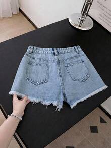 Qadelle Quần short denim nữ kiểu dáng thường ngày, thêu hoa, thích hợp cho mùa hè. - Màu xanh lam - Xem 2