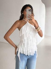 Aloruh Blusa elegante y romántica con cuello de lazo y volantes en capas para vacaciones/citas - Blanco - Ver 8