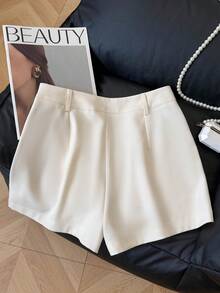 Franclia Pantalones cortos de mujer de unicolor con bolsillo y botón, versátiles y casuales para vacaciones - Albaricoque - Ver 2