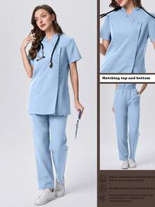 Scrubzie 防皱立领短袖多扣女式手术服套装（上衣和裤子） - 淺藍色 - 查看 1
