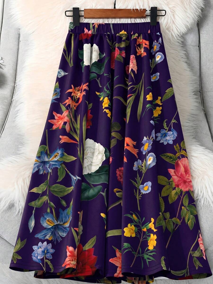 EMERY ROSE Plus Size Floral Print Elastic Waist Casual 90s Skirt Summer Tea Party Purple - Red Violet - View 1
