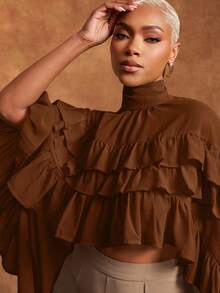 Vixey Sheer Chiffon Layered Ruffle Mock Neck Hi Low Hem Cape Top - Brown - View 5