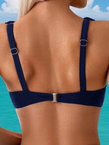Swim Lushoire Women's Solid Color Simple Beach Bikini Set, Summer - Navy Blue - View 5