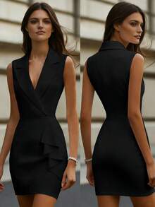 Balvessa Vestido mini de fiesta con cuello en V de unicolor para mujer - Negro - Ver 7