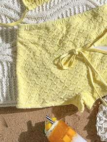 Swim Vcay Bộ bikini 3 món dành cho nữ, chất liệu vải trơn, có họa tiết, buộc dây cổ, thích hợp cho mùa hè. - Vàng nhạt - Xem 5