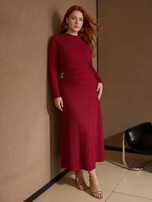 MOTF PREMIUM PLUS SIZE WOMEN'S SPRING/SUMMER ELASTIC KNIT JACQUARD LOW WAIST A-LINE LONG DRESS FALL - Red - View 5