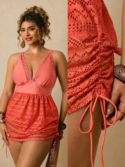 Travachic Plus Size Women Black V-Neck One-Piece Swimsuit, Texture Fabric With Drawstring