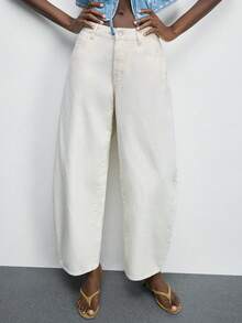 SHEIN PETITE Pantaloni in denim bianchi a vita alta per donne PETITE, pantaloni casual da tutti i giorni & streetwear estivi per donne, pantaloni in denim a gamba larga, streetwear estivo & outfit per uscire - Bianco - Visualizzare 5