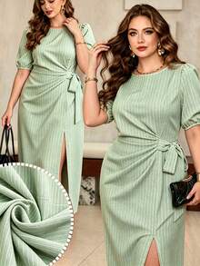 Roveilla Plus Size French Polka Dot Ruffle Tie Waist Split Hem Casual Dress, Spring/Summer - Green - View 1