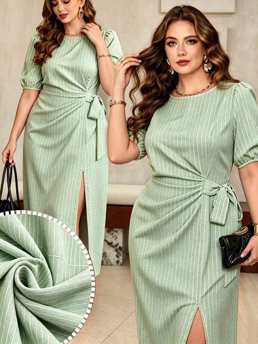 Roveilla Plus Size French Polka Dot Ruffle Tie Waist Split Hem Casual Dress, Spring/Summer - Green - View 1
