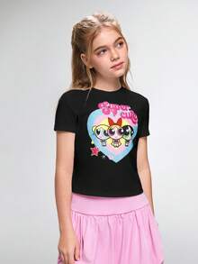 THE POWERPUFF GIRLS X SHEIN 少女圆领卡通字母印花休闲百搭日常穿T恤 - 黑色 - 查看 4