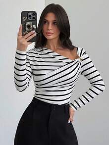 Firerie Women's Asymmetric Shoulder Wrap Ruched Waist Tight Fit T-Shirt, Metal Decor, Elegant Modest Commute Date Night Tops, Black And White Striped, Autumn - Black and White - View 6