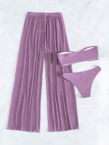 Conjunto De Traje De Baño De 3 Piezas Con Color Sólido Separado - Lila Púrpura - Ver 2