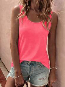 EMERY ROSE New Retro Fashion Casual Basic U-Neck Shiny Pink Camisole - Pink - View 3