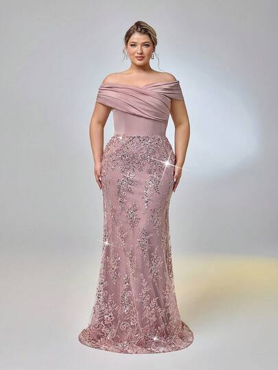 Serin Đầm cỡ lớn thanh lịch, lãng mạn màu xanh dương cổ thuyền tay ngắn, chất liệu jacquard đính pha lê, ren Pháp phối lưới, dáng đuôi cá, thích hợp cho đám cưới, tiệc tùng, lễ kỷ niệm, sự kiện trang trọng buổi tối, hoặc cho mẹ cô dâu.