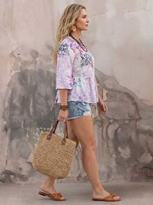 EMERY ROSE Kemeja Lengan 3/4 Wanita Ukuran Besar untuk Liburan Kasual dengan Motif Bunga - MultiWarna - View 3