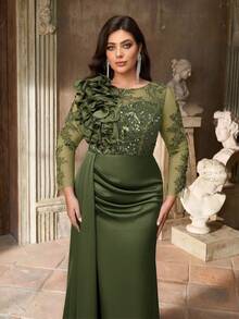 Aureia Plus Size Olive Green Winter Elegant Formal Prom Wedding Boat Neck Beaded Embroidery Patchwork Taffeta Ruffle Trim Long Sleeve High Slit Sheer Dress - Army Green - View 8
