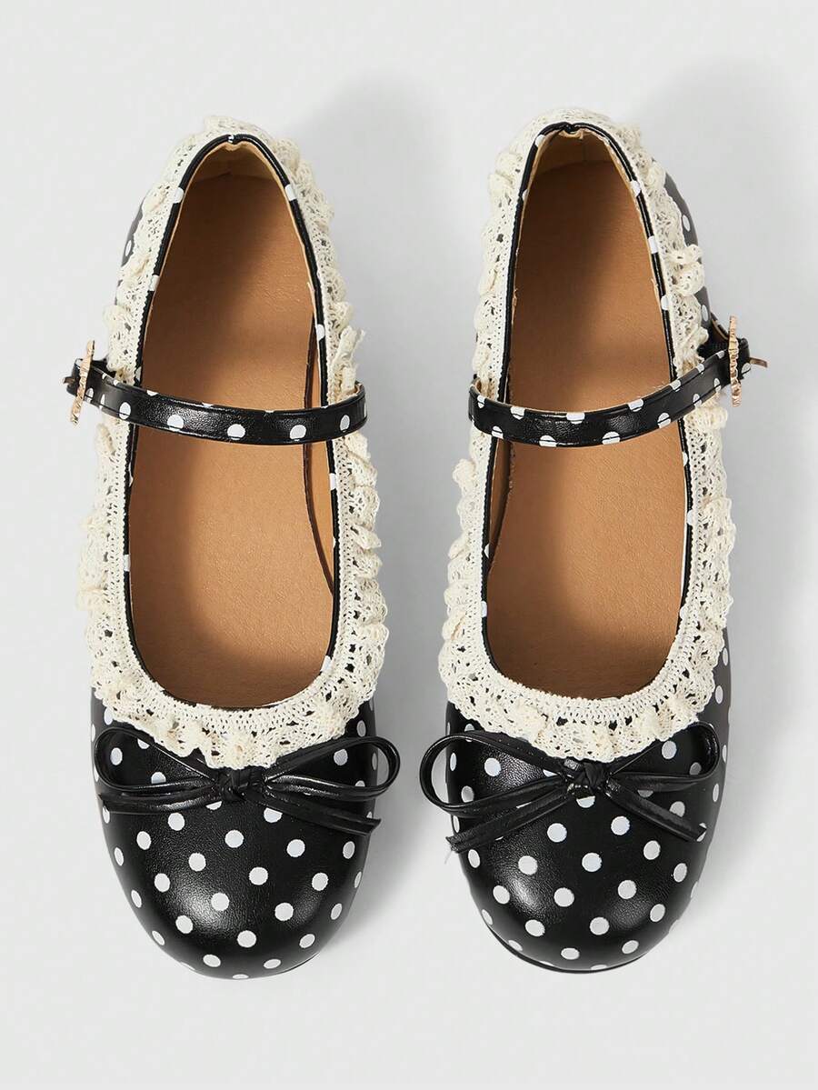 ROMWE Kawaii Sepatu Flat Wanita Modis & Manis dengan Hiasan Pita Renda untuk Natal - Hitam + polkadot - View 1