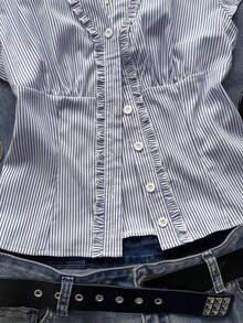 Attitoon Casual Minimalist Style Preppy Style Gray-Blue Striped Ruffle Trim Fitted Shirt For Women, Suitable For Spring & Summer, College Style,Summer Top - Blue and White - View 4